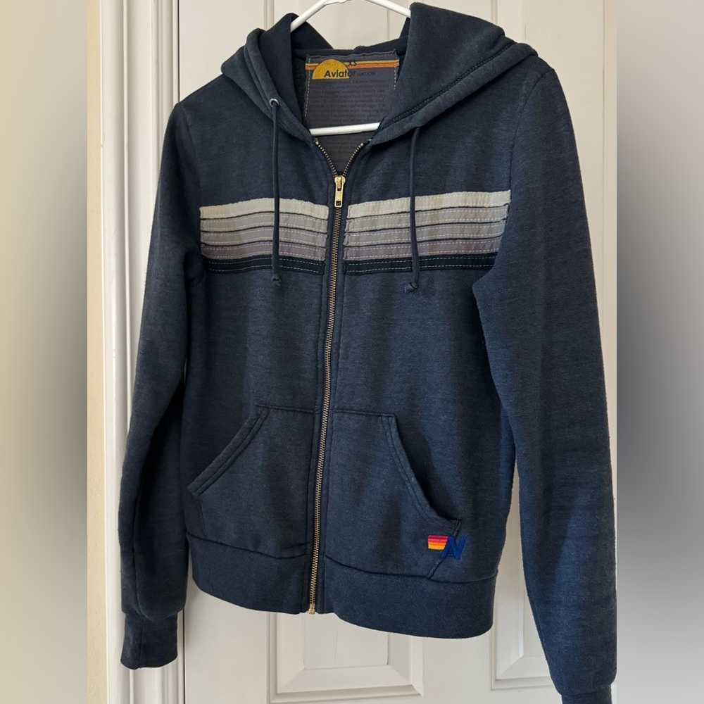 Aviator Nation Navy Zip Hoodie with Gray Stripe Accents